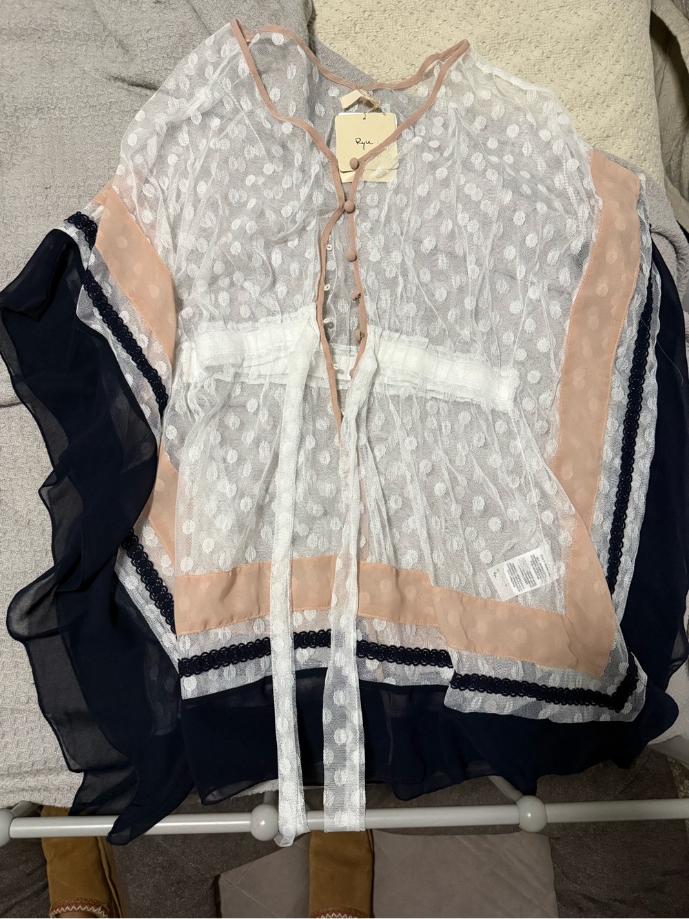 Ryu Sheer Polka-Dot Overlay Blouse in White, Blush & Navy NWT, M